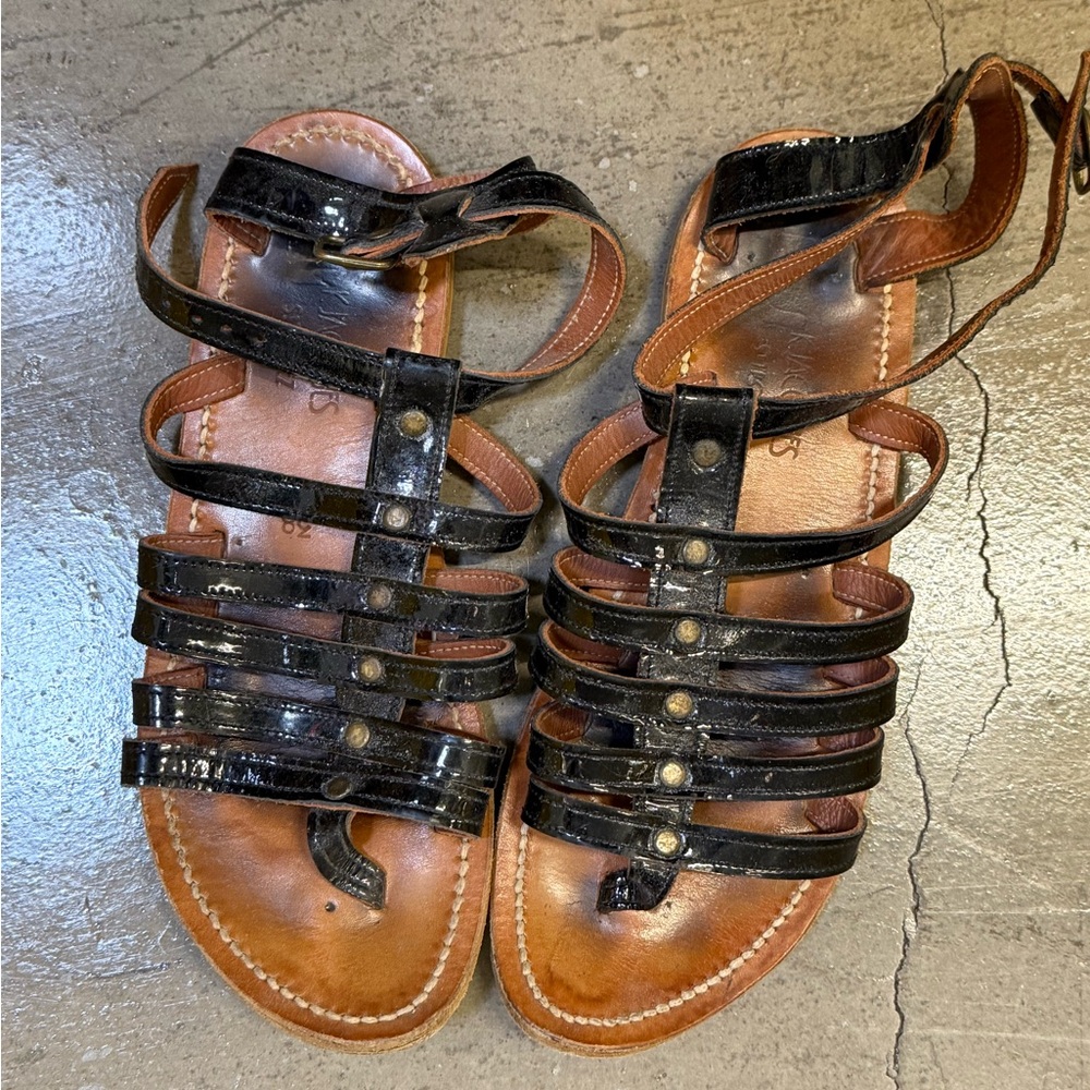 K.Jacques Black Gladiator Sandals Leather Flat
